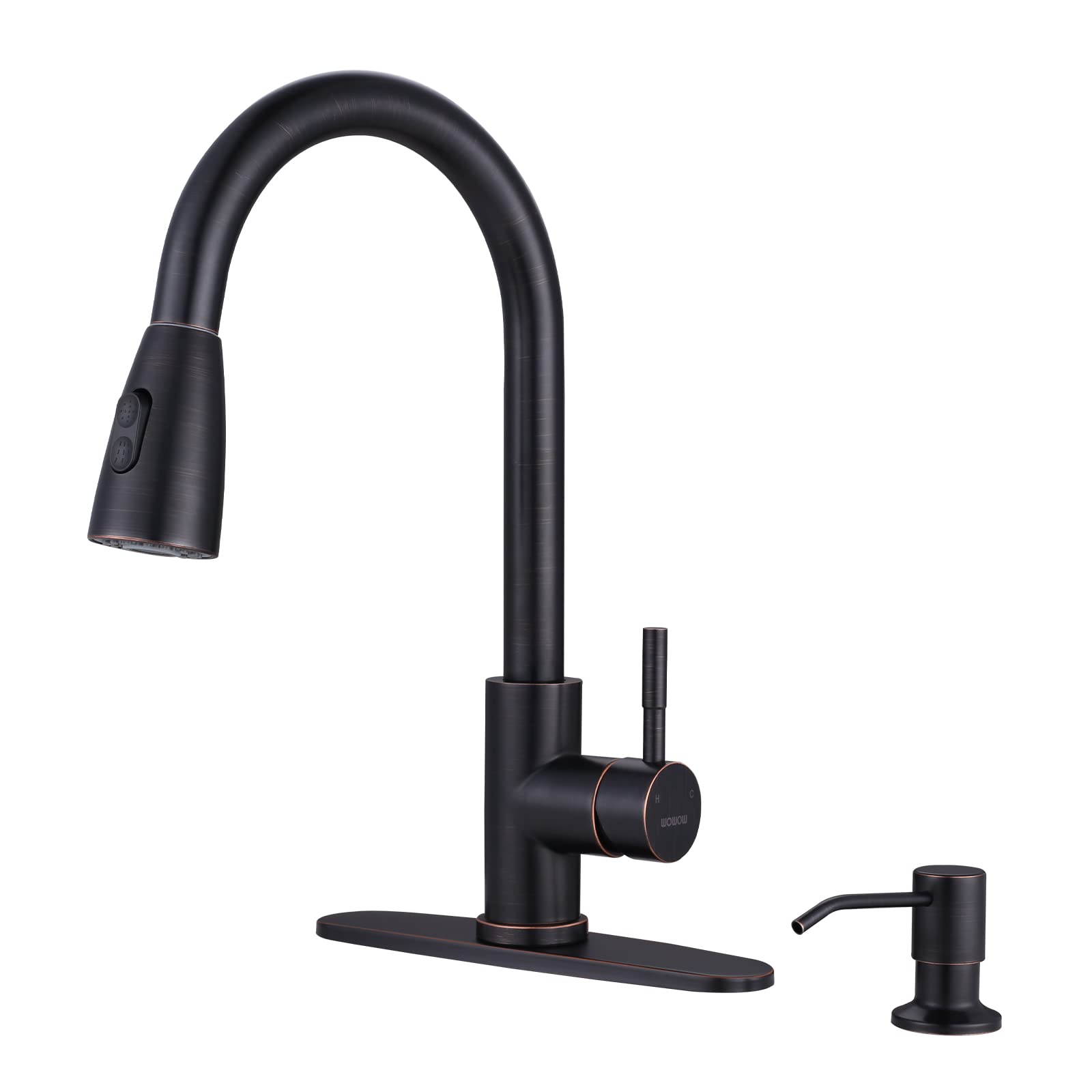 Oil-Rubbed Bronze Kitchen Faucet with Soap Dispenser  WOWOW Stainless Steel Kitchen Faucets for Sink  Pull Down Kitchen Faucet Single Handle High Arc Kitchen Sink Faucet with Deck-Plate